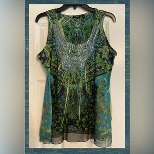 Apt 9 tank top, sleeveless, beaded top, green/blue/black, size L